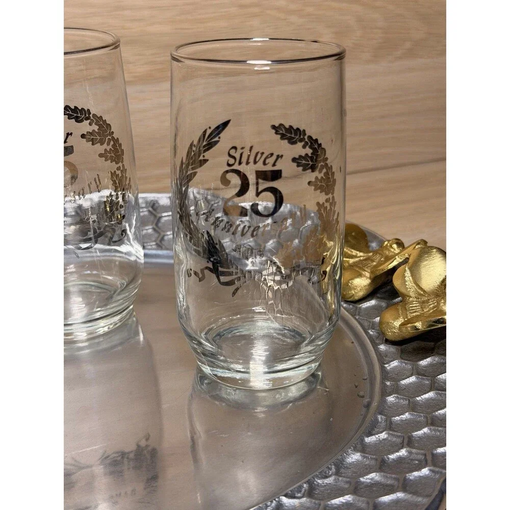 Vintage Glass Silver 25th Anniversary Set of 4 Drinking Glasses 5”